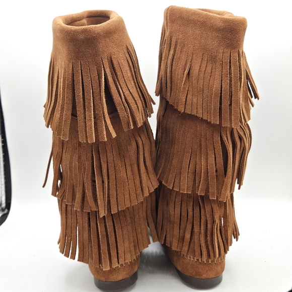 Minnetonka Calf Hi 3-layer leather Fringe western hippie moccasin Boot size 8 - Picture 4 of 16